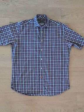 Thomas Dean Plaid Short-Sleeve Button-Down Size Large